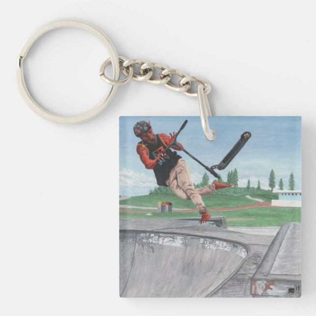 Kobold Scooter Trick Fantasy Art Acrylic Keychain (Front)