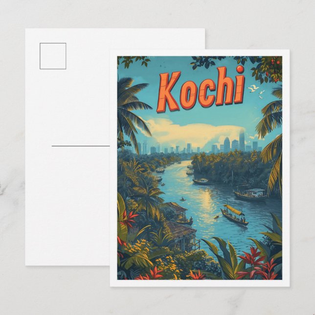 Kochi Kerala India Vintage Art Travel Illustration Postcard (Front/Back)