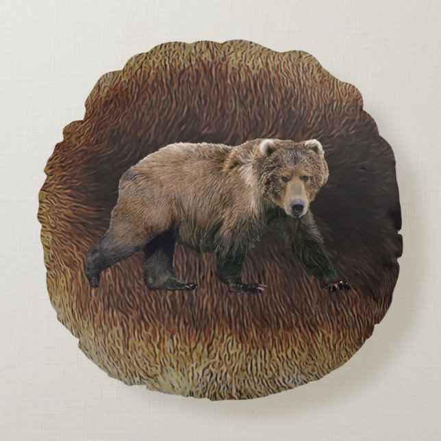 Kodiak Bear On Caribou Fur Round Pillow (Front)