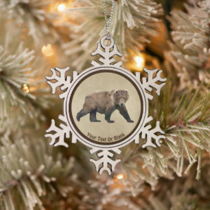 Kodiak Bear On Old Paper Snowflake Pewter Christmas Ornament