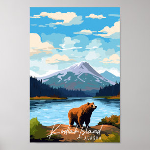 Kodiak Island Alaska vintage travel illustration Poster