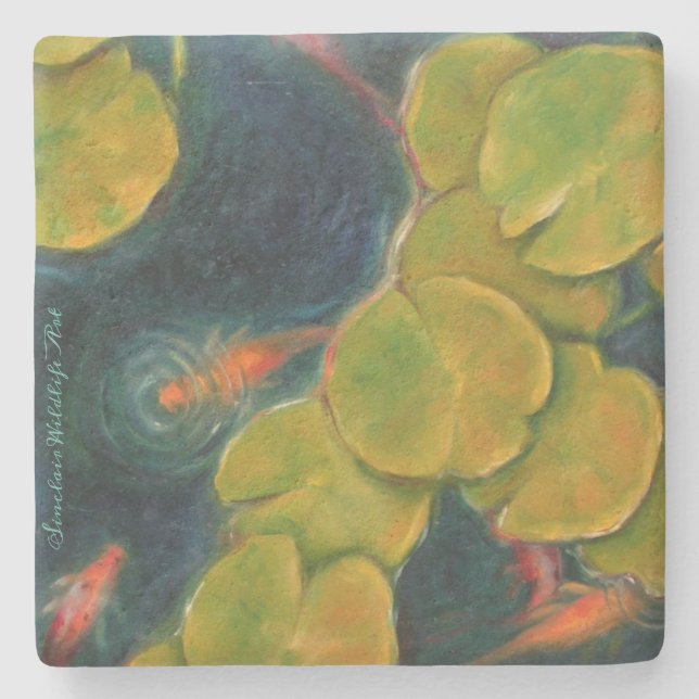 Koi and Waterlily Limestone Coaster (Front)