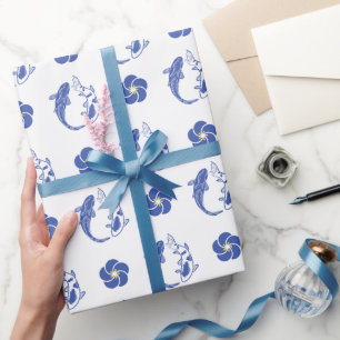 Koi Blossom Crest: Serene Blue Edition Wrapping Paper