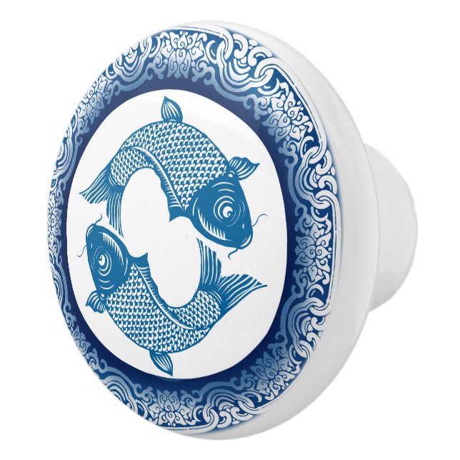 Koi Carp Fish Chinoiserie Blue Pattern Ceramic Knob (Right)