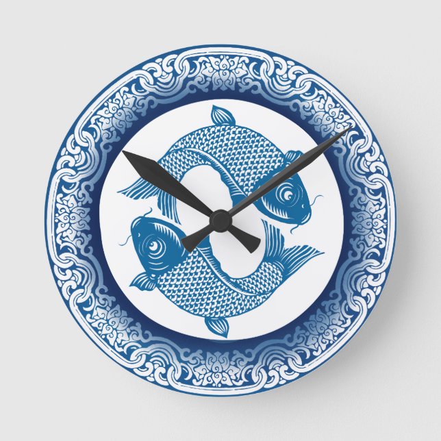 Koi Carp Fish Chinoiserie Blue Pattern Round Clock (Front)