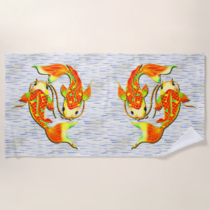 Koi Carp Fish Orange Green on  Beach Towel