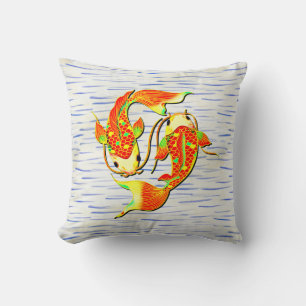 Koi Carp Fish Orange Green on Water background Throw Pillow