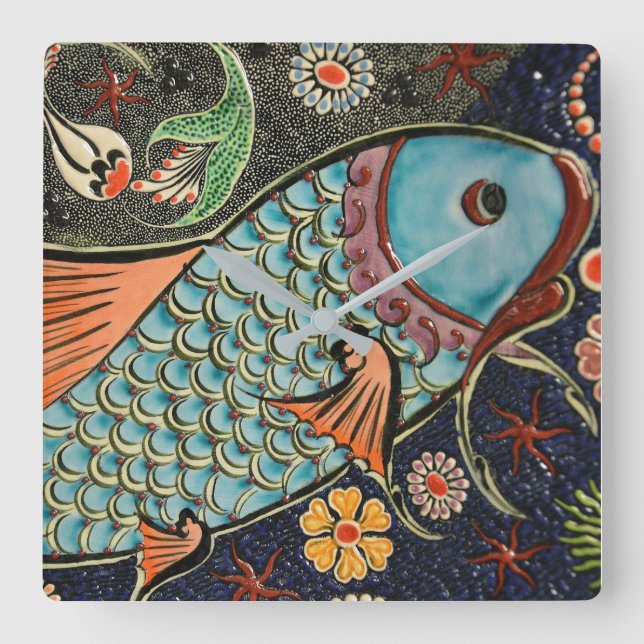 Koi Carp Fish Scale Ceramic Pattern Square Wall Clock (Front)