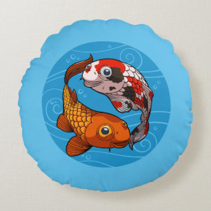 Koi Carp Yin Yang Design Happy Fish Illustration Round Pillow