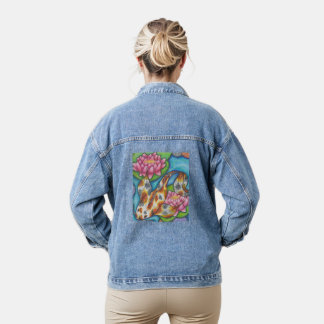 Koi Fish and Lotus Print Blue Denim Jacket