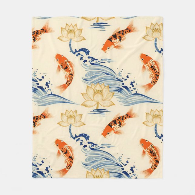 Koi Fish and Lotus Seamless Pattern Fleece Blanket (Front)
