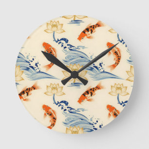 Koi Fish and Lotus Seamless Pattern Round Clock