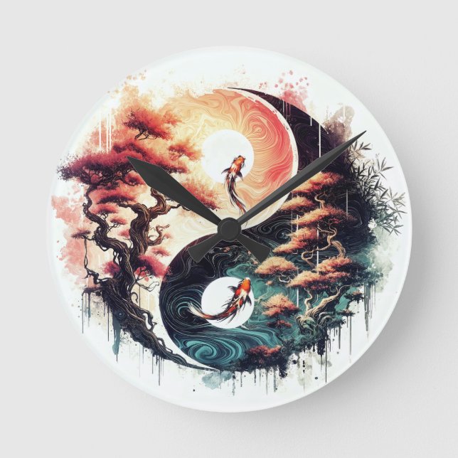 Koi Fish and Temple Yin Yang Round Clock (Front)