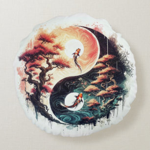 Koi Fish and Temple Yin Yang Round Pillow