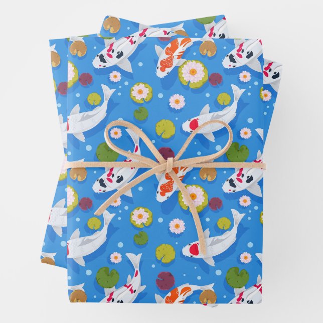 Koi Fish and Water Lilies Blue  Wrapping Paper Sheet (In situ)