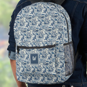 Koi Fish and Water Lily Blue Chinoiserie Monogram Printed Backpack