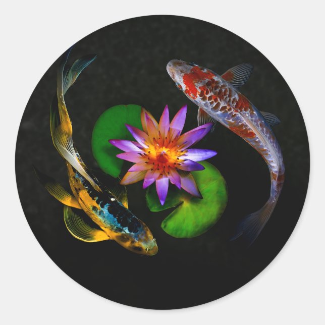 Koi Fish around Lotus Flower in a Zen Pond Classic Round Sticker (Front)