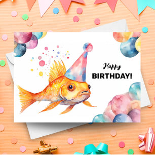 Koi Fish Balloons and Party Hat Goldfish Birthday  Card