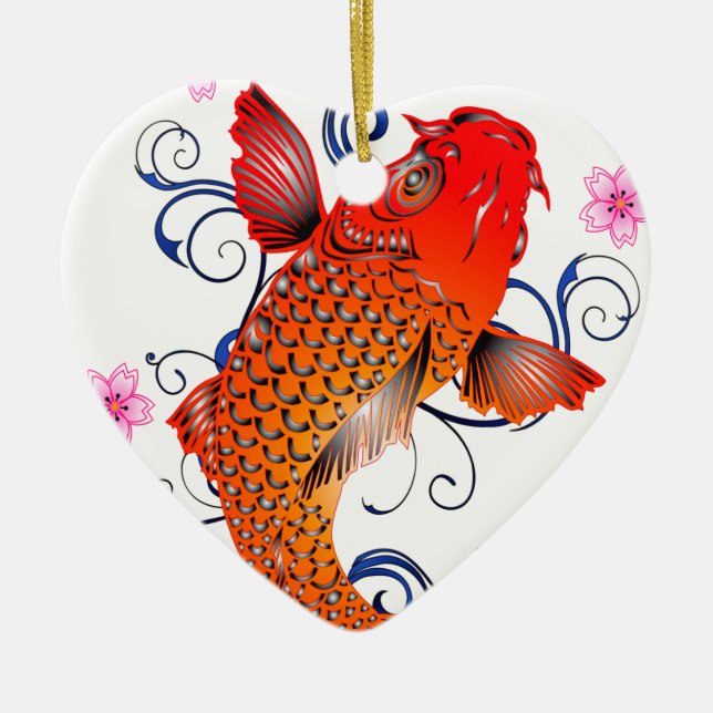 Koi Fish Carp Eastern Blossom Ceramic Ornament (Front)