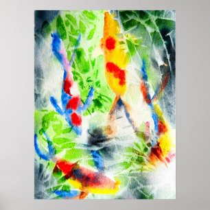 Koi fish colourful watercolor art poster