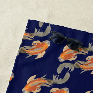 Koi Fish Dark Blue Beach Towel