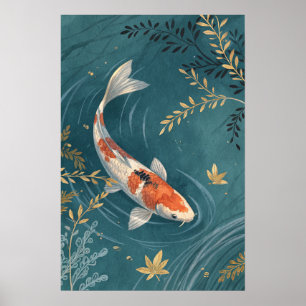 Koi Fish Golden Leaves Poster