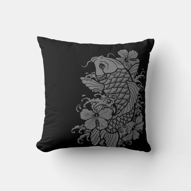 Koi Fish Grey on Black Throw Pillow (Front)