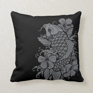 Koi Fish Grey on Black Throw Pillow
