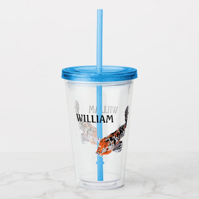 Koi Fish Illustration Orange and Blue Personalized Acrylic Tumbler (Front)