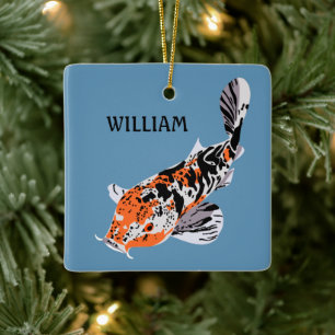 Koi Fish Illustration Orange and Blue Personalized Ceramic Ornament