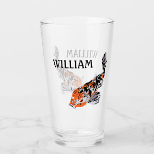 Koi Fish Illustration Orange and Blue Personalized Glass