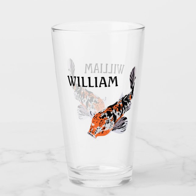 Koi Fish Illustration Orange and Blue Personalized Glass (Front)