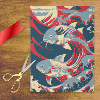 Koi Fish in Great Wave Style with Red Navy Blue Tissue Paper