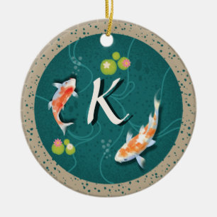 Koi fish in pond 3d realistic personalized initial ceramic ornament