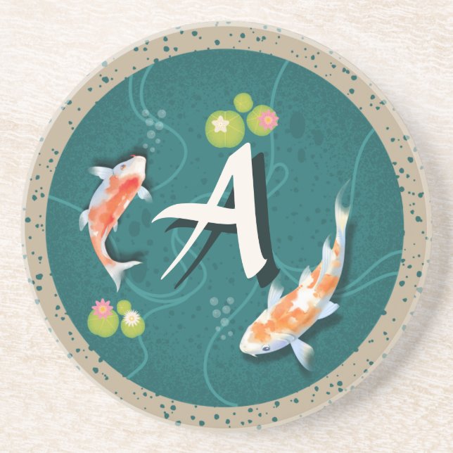 Koi fish in pond 3d realistic personalized initial coaster (Front)