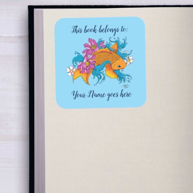 Koi Fish Lotus Cherry Blossoms Bookplate Square Sticker (Creator Uploaded)