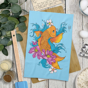 Koi Fish Lotus Cherry Blossoms Kitchen Towel