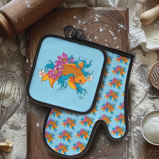 Koi Fish Lotus Cherry Blossoms Oven Mitt & Pot Holder Set (Creator Uploaded)