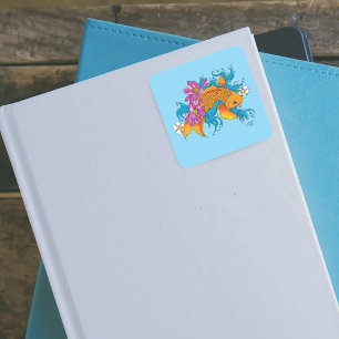 Koi Fish Lotus Cherry Blossoms Square Sticker