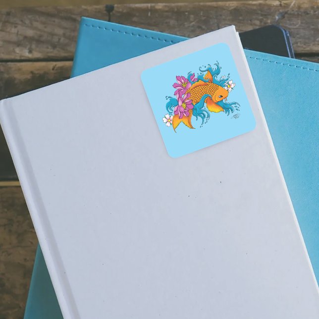 Koi Fish Lotus Cherry Blossoms Square Sticker (Creator Uploaded)