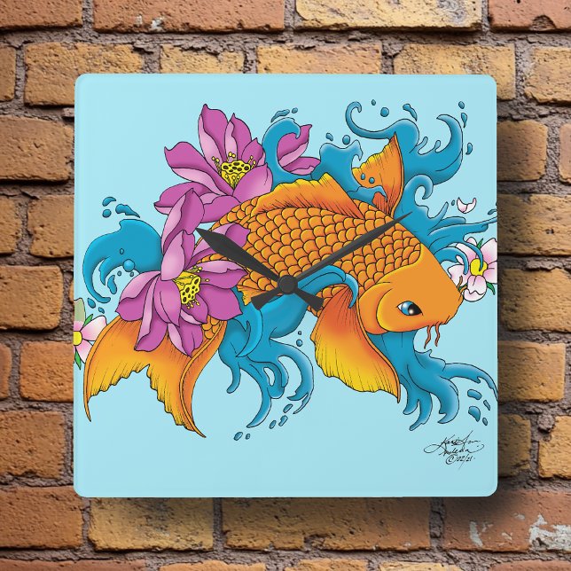Koi Fish Lotus Cherry Blossoms Square Wall Clock (Creator Uploaded)