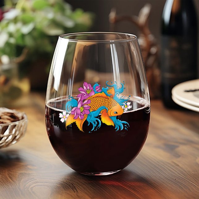 Koi Fish Lotus Cherry Blossoms Stemless Wine Glass (Creator Uploaded)