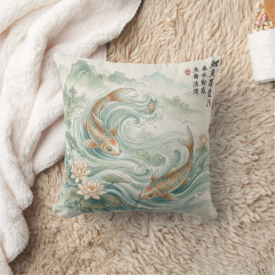Koi Fish Lotus Ink Wash Art Throw Pillow