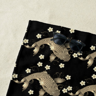 Koi fish oriental black and gold floral elegant  beach towel