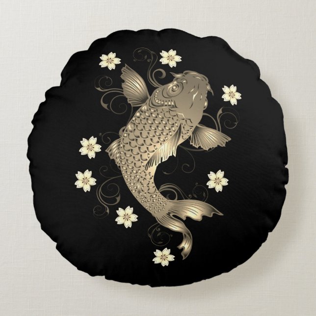 Koi fish oriental black and gold floral elegant  round pillow (Front)