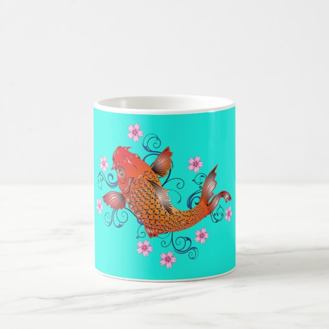 Koi fish oriental floral orange turquoise coffee mug (Center)