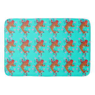Koi fish oriental floral orange turquoise elegant  bath mat