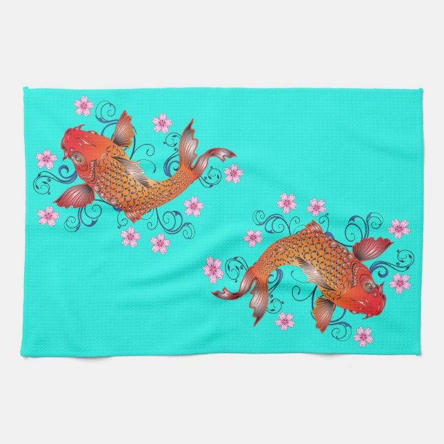 Koi fish oriental floral orange turquoise elegant  kitchen towel (Horizontal)