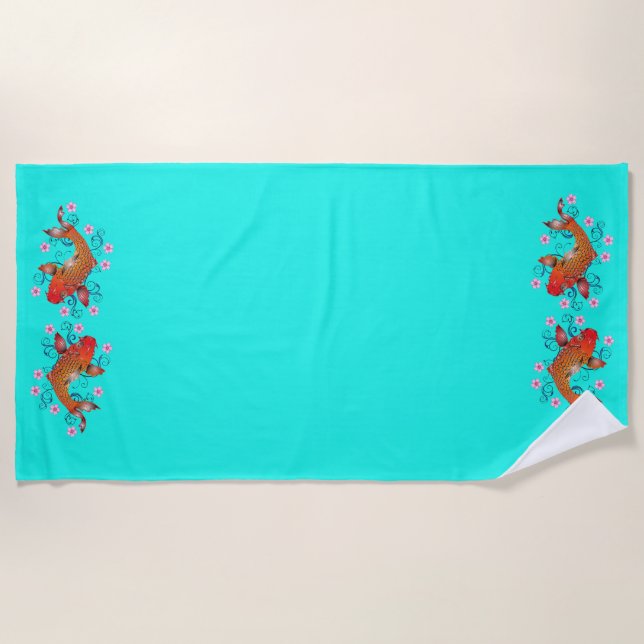Koi fish oriental orange turquoise floral elegant  beach towel (Front)