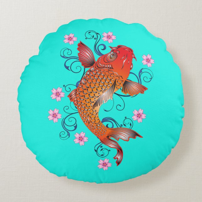 Koi fish oriental orange turquoise floral elegant  round pillow (Front)